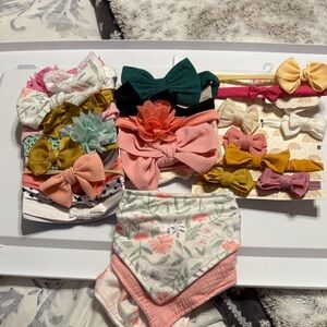 24 Colorful Bow Headbands and 3 new bibs